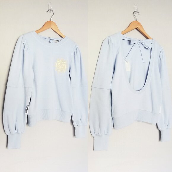 Ganni Isoli Bow Open Back Puff Sleeve Organic Cotton Sweatshirt XS Blue $215 - Picture 14 of 16